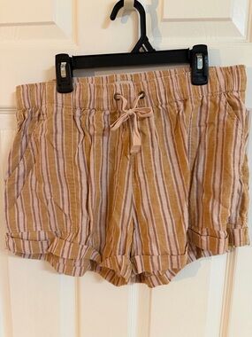 Toad&Co Striped High-Waist Drawstring Shorts in Beige and Pink